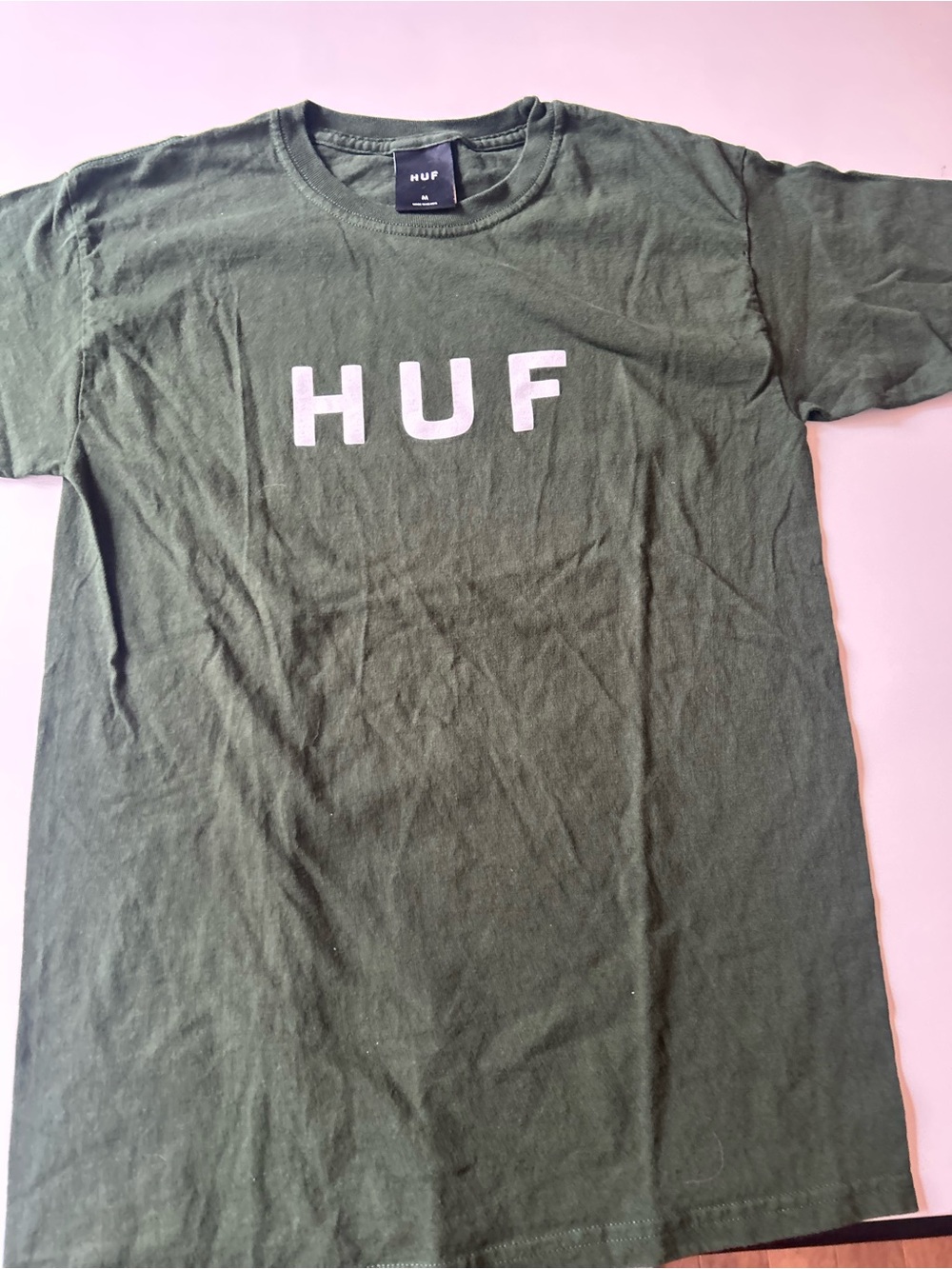 HUF Olive Crewneck Tee with Black Neck Tag